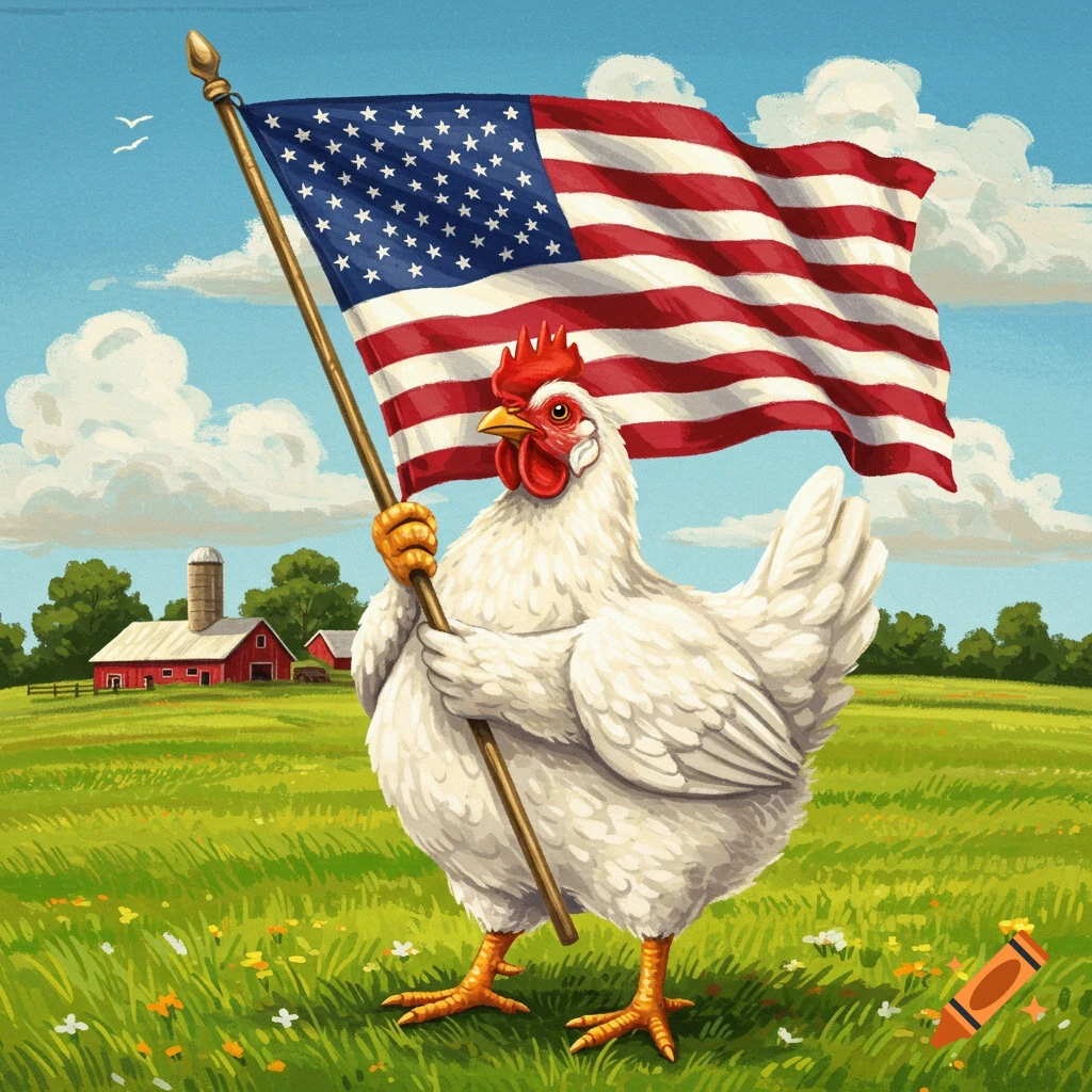 A white chicken stands in a green field, holding a large USA flag. A red barn and silo are in the background under a blue sky.