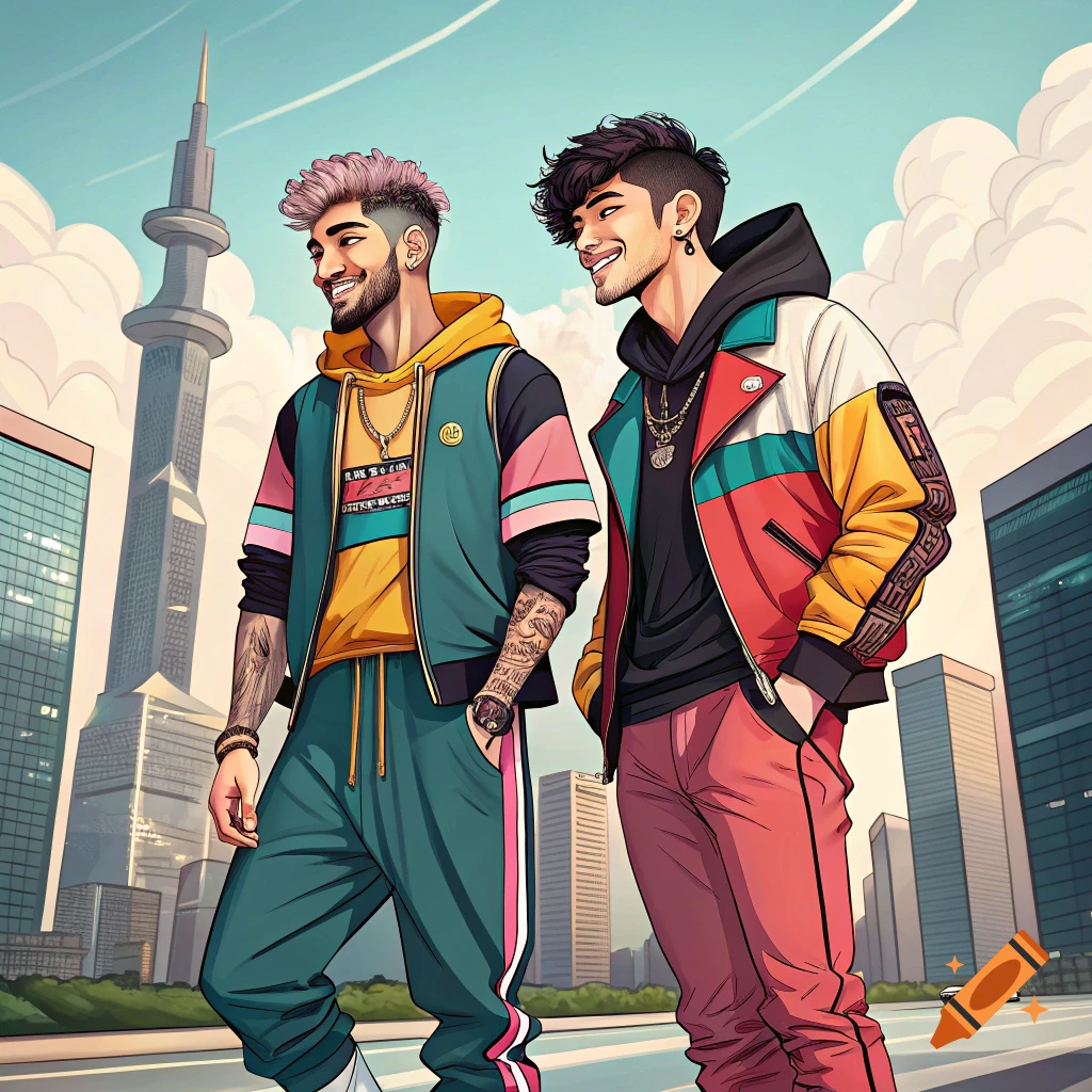 Anime-style illustration of two young men in trendy streetwear walking on a city street with tall buildings and a large tower in the background.