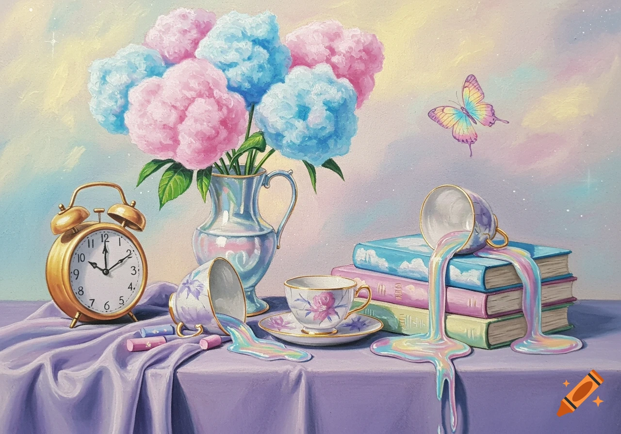 A surreal pastel painting featuring a still life with cotton candy flowers, a clock, teacups spilling rainbow liquid, and stacked books on a purple cloth.