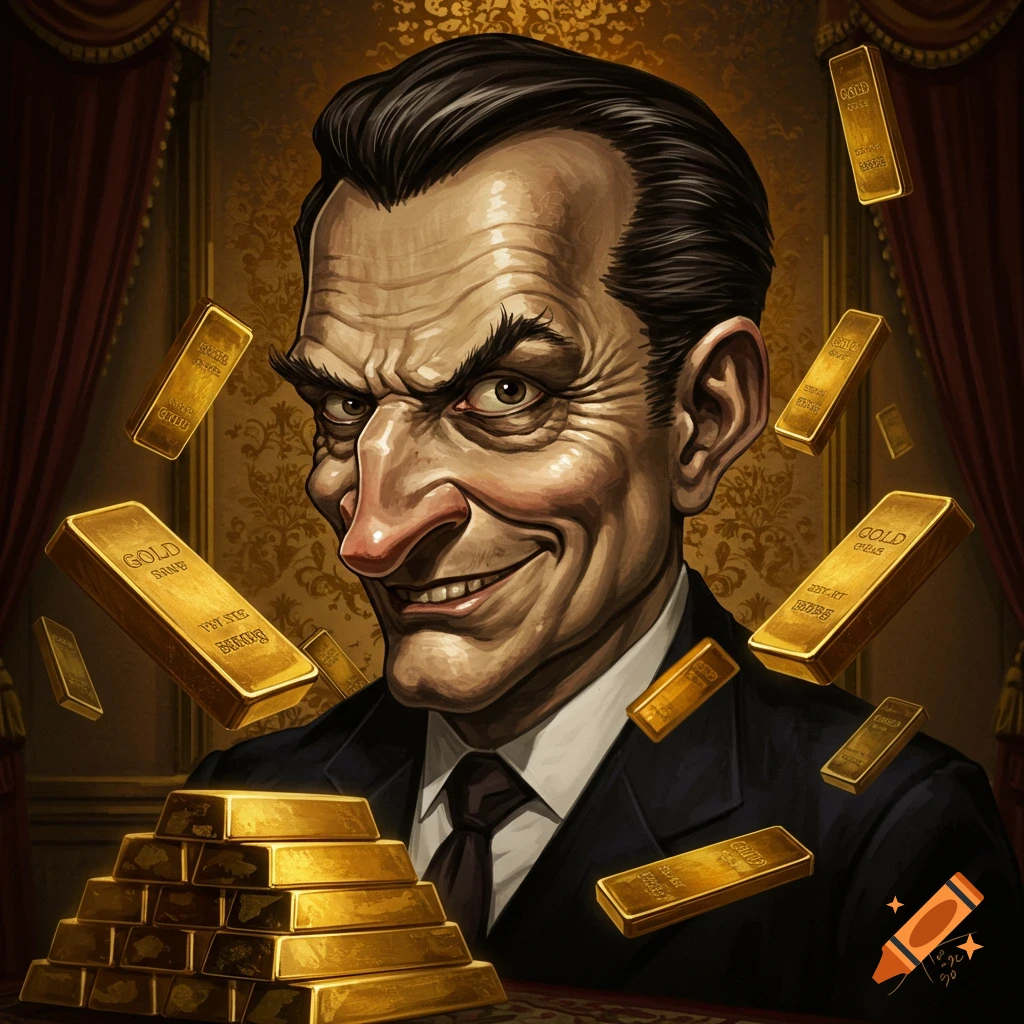 A cartoon caricature of a smiling, greedy man in a suit surrounded by falling gold bars and a pile of gold.