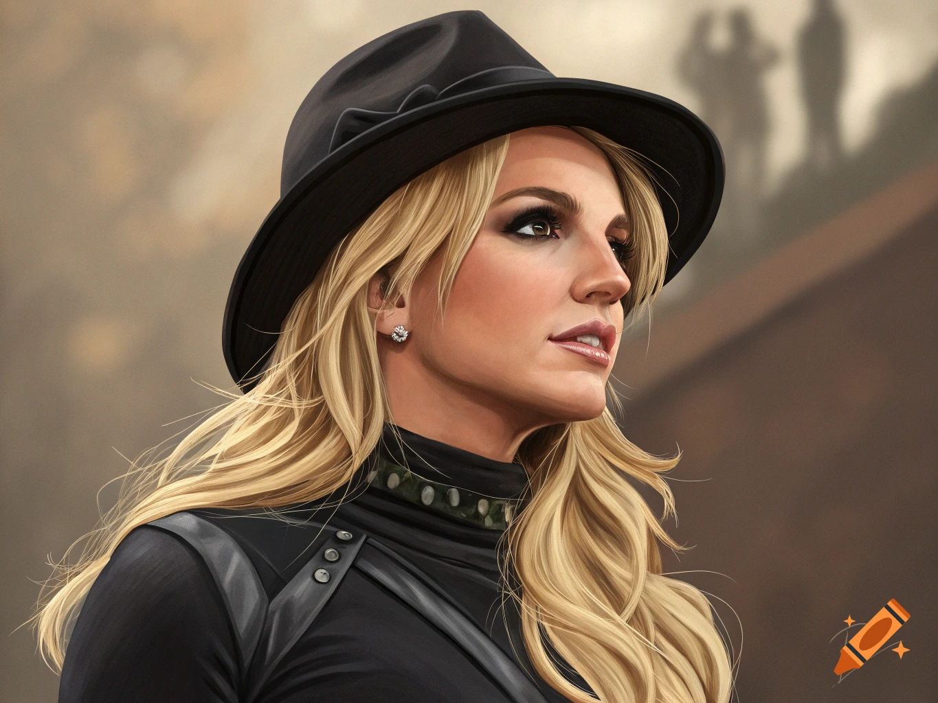 A detailed digital painting of Britney Spears wearing a black fedora and black attire, looking to the side with a serious expression.