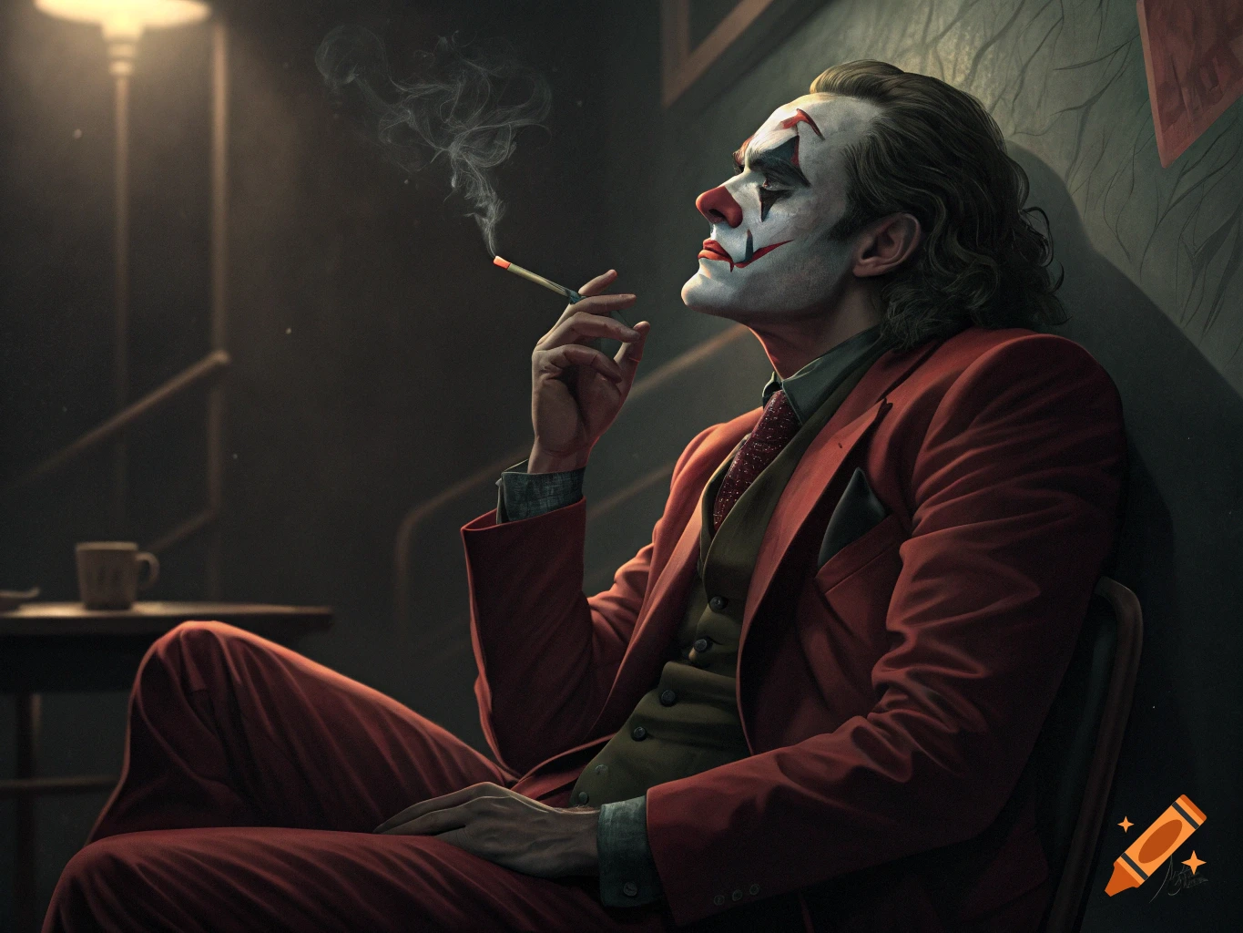 A photorealistic image of the Joker (Joaquin Phoenix style) sitting alone in a dark room, smoking a cigarette, with dramatic lighting.
