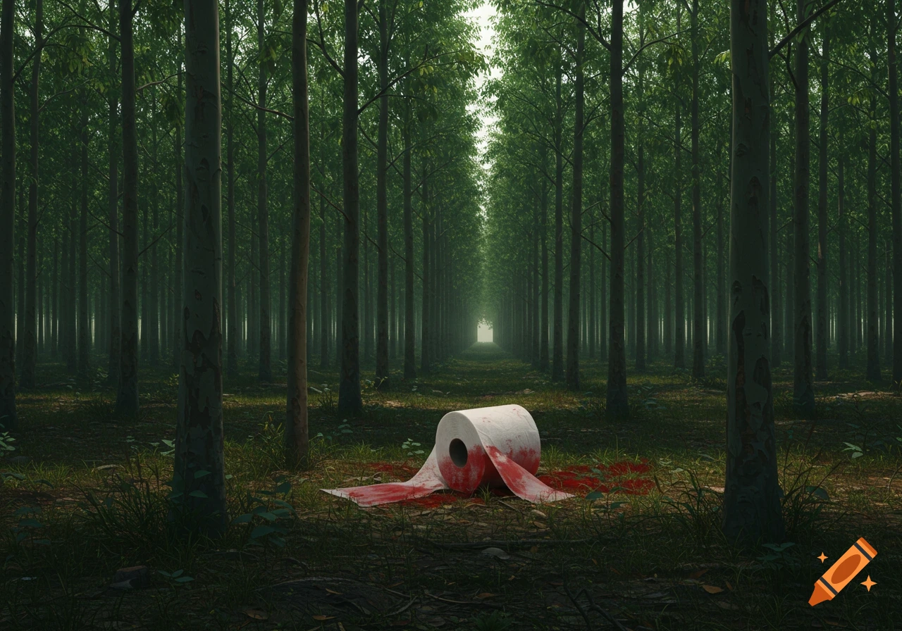 A roll of white toilet paper stained with red liquid lies on the forest floor in a eucalyptus plantation.