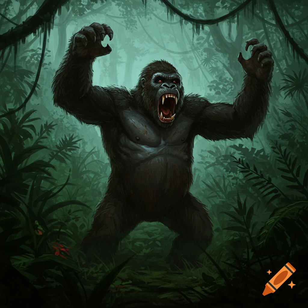 A roaring gorilla monster with red eyes stands in a dark jungle.