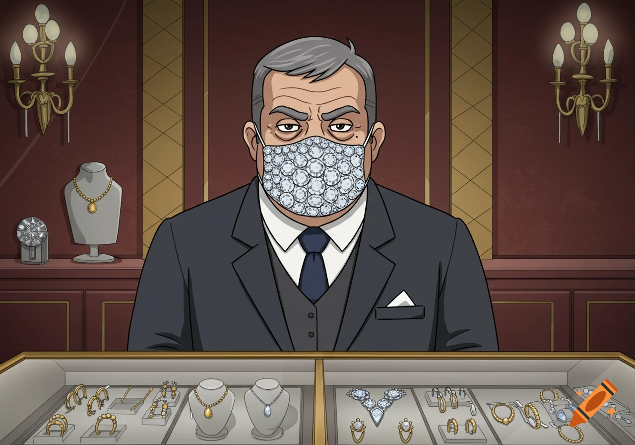 An animated gruff jewelry salesman with gray hair and a diamond face mask stands behind a counter filled with diamond jewelry.