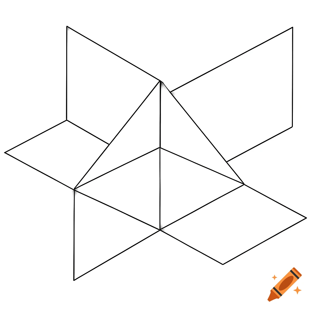 Black and white line drawing of a regular tetrahedron unfolded with its faces extended into planes.