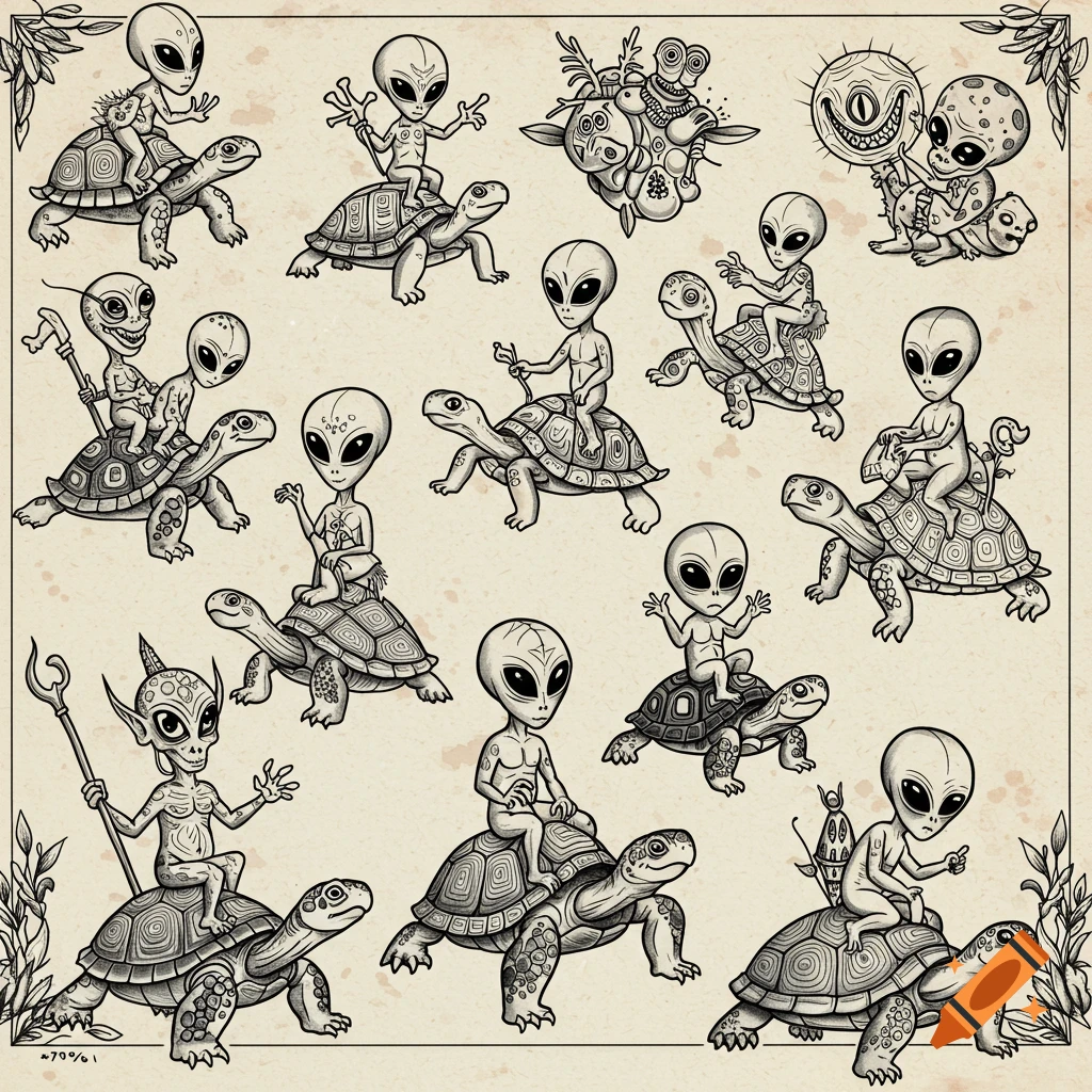 A black and white tattoo flash sheet with multiple illustrations of aliens riding turtles.