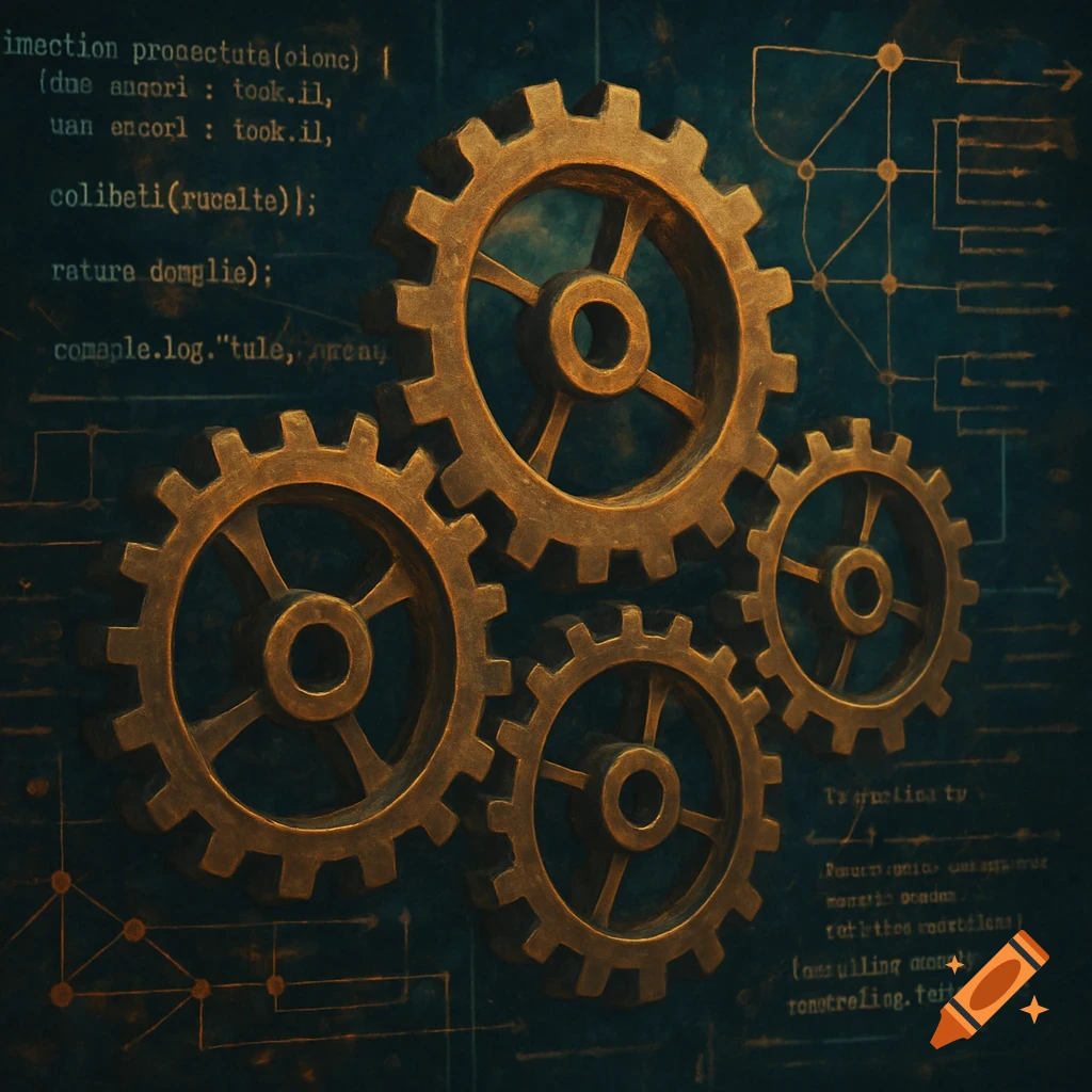 Four bronze gears overlaying a dark background with blurred technical diagrams and lines of code.
