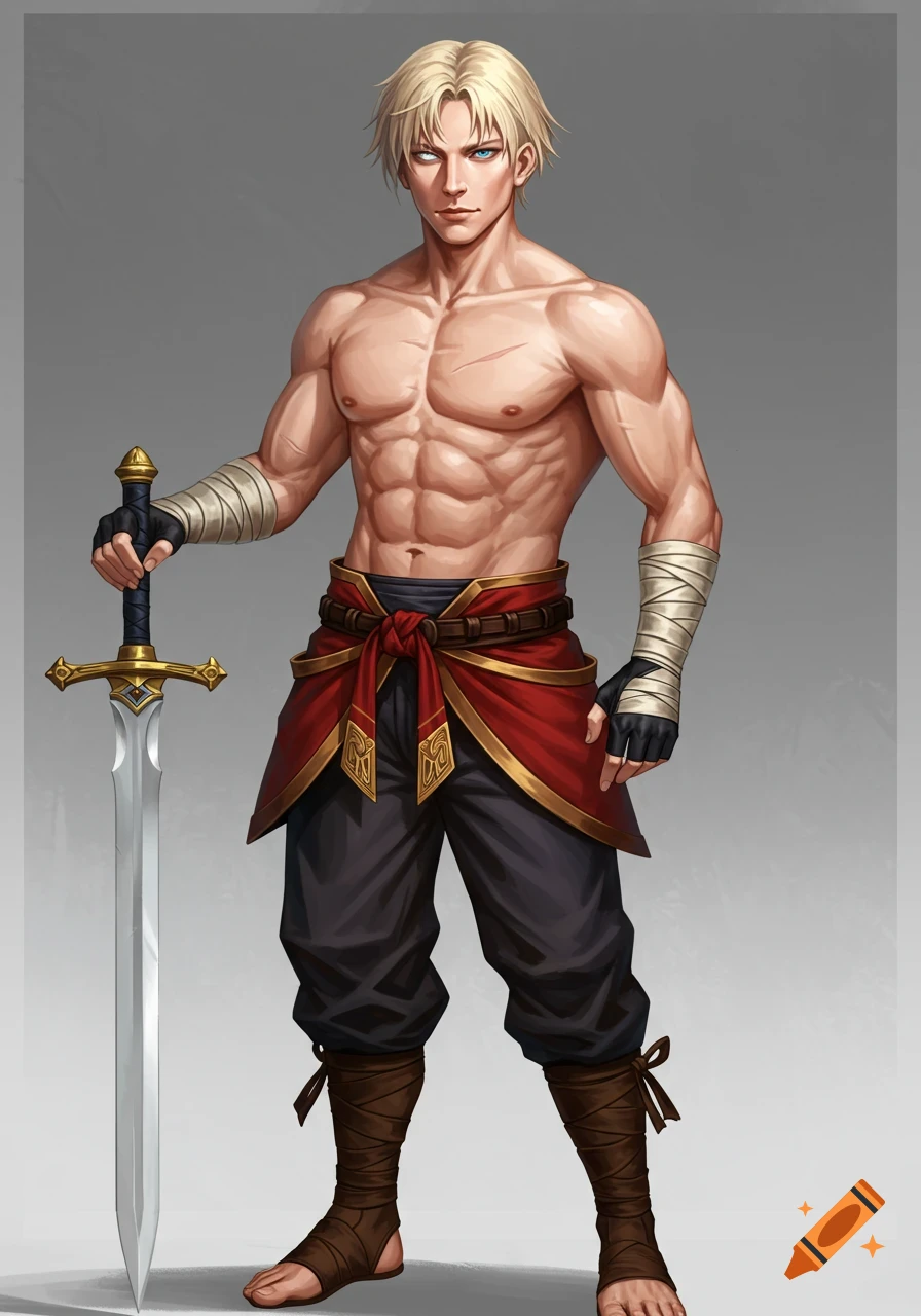 A muscular blonde man with blue eyes, shirtless and wearing martial arts attire, stands holding a sword.