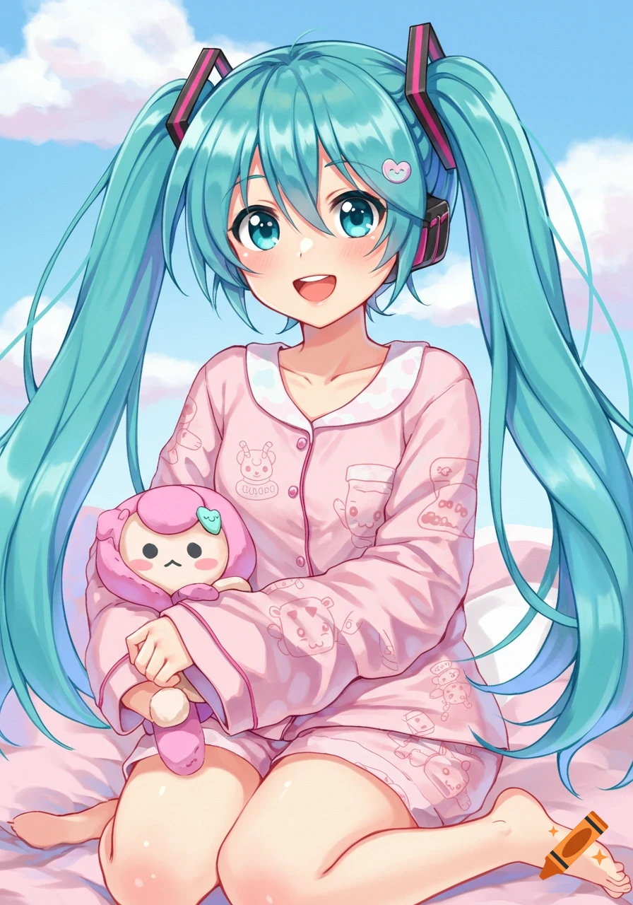 Hatsune Miku in pink pajamas holds a cute pink plush toy.