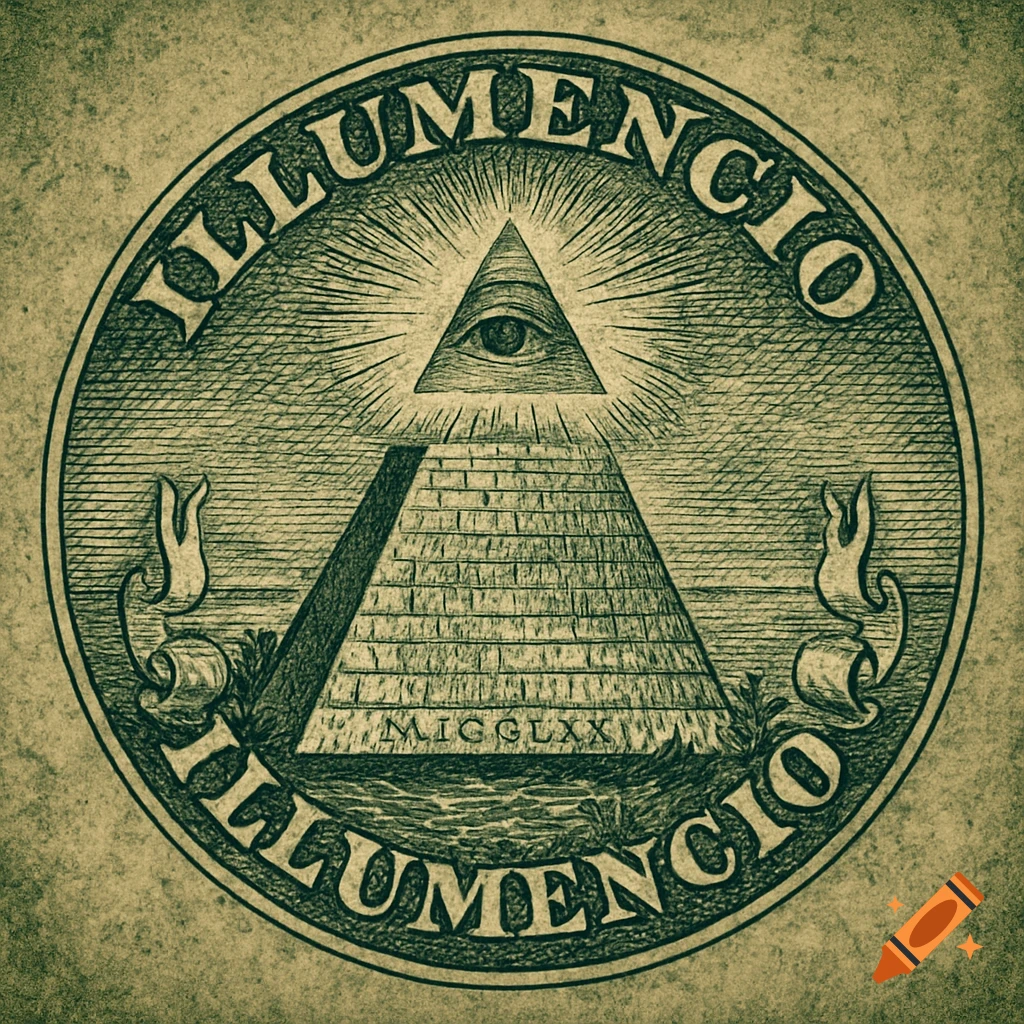 An illustration in the style of an old dollar bill stamp, featuring a pyramid with the Eye of Providence above it. The text 'ILLUMENCIO' circles the design, with 'MIGGLXX' at the pyramid's base, all on a textured, aged background.