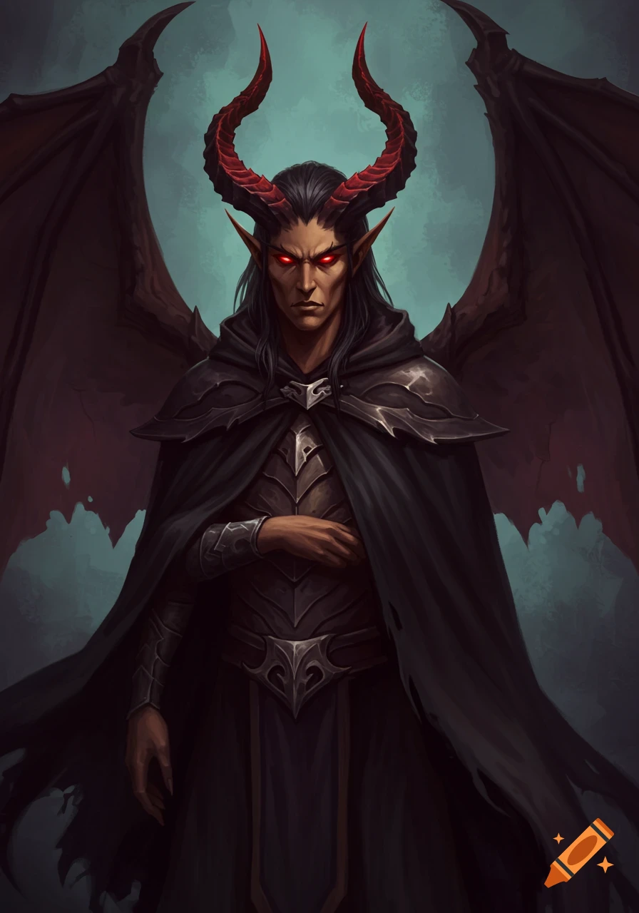 A dark fantasy illustration of a horned elf warlock with red eyes and bat wings, wearing a dark cloak and armor.
