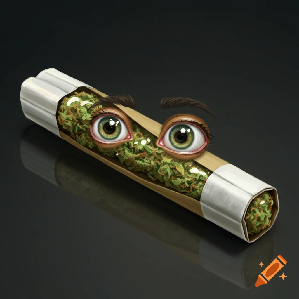 A realistic cannabis preroll with human-like eyes and eyebrows, reflecting on a dark surface.