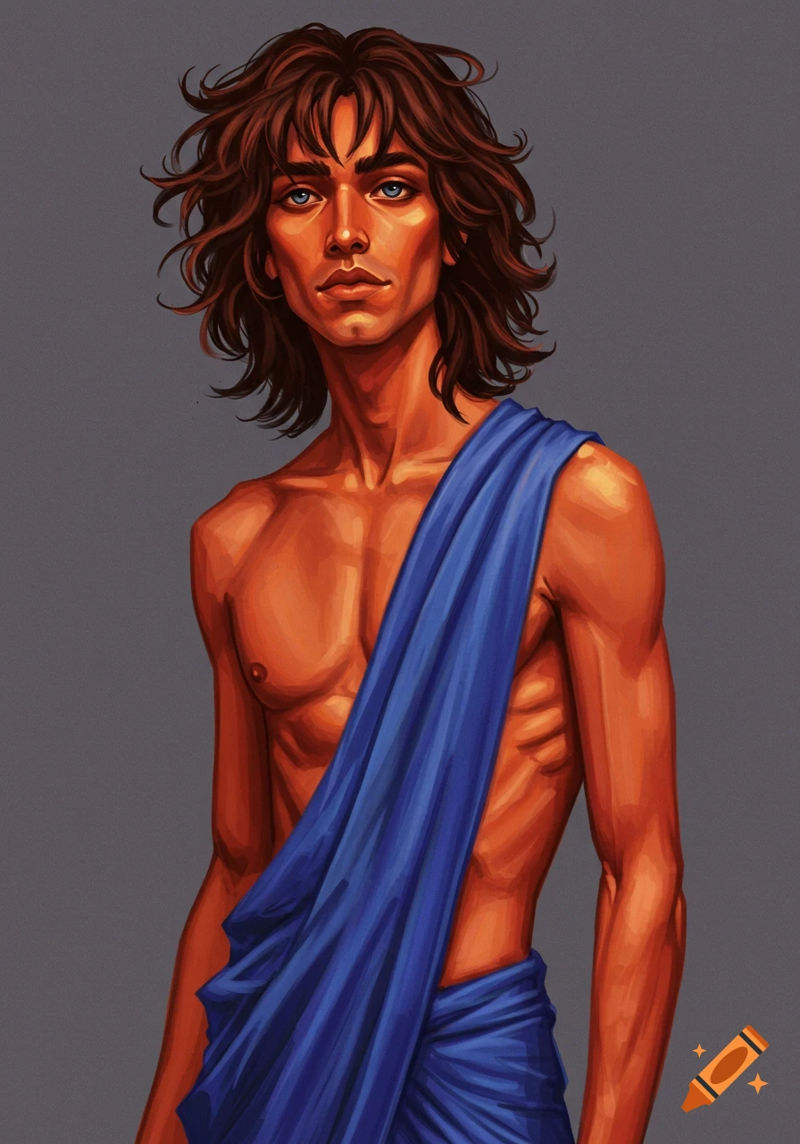 Digital painting of a lanky man with sienna skin and tangled brown hair, wearing an indigo cloth around his waist.