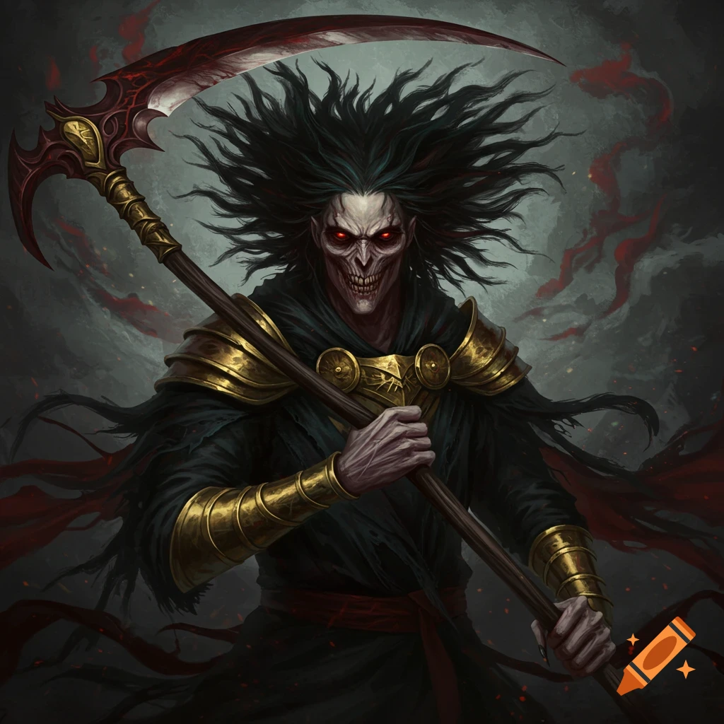 A dark fantasy illustration of a monstrous figure with wild black hair, glowing red eyes, and sharp teeth, holding a bloody scythe.