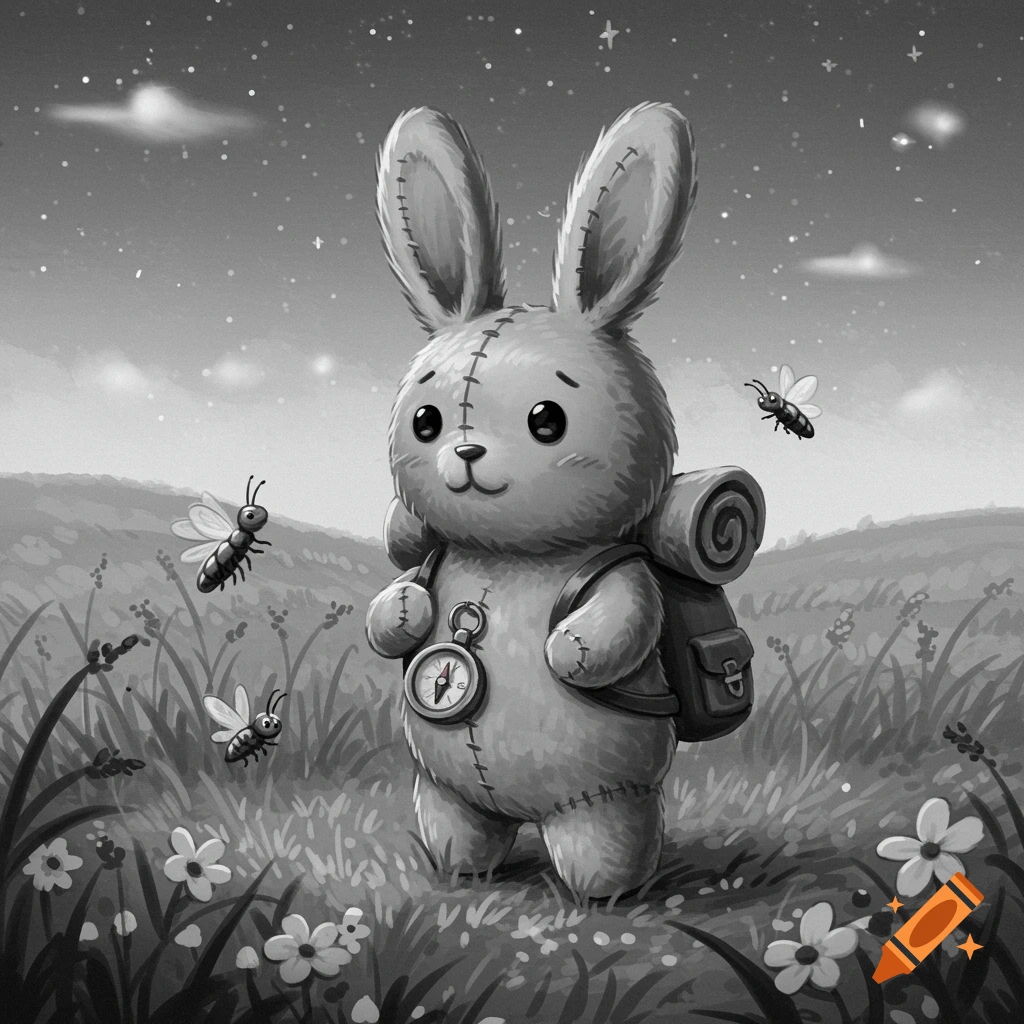 Black and white drawing of a bashful stuffed bunny with a backpack and compass in a starry field with flowers and insects.