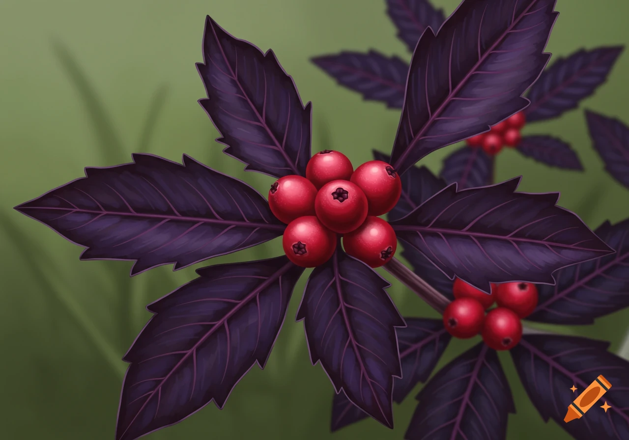 Close-up of a plant with dark purple leaves and clusters of red berries on a green background.
