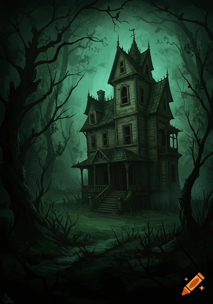 An eerie illustration of an old, decaying Victorian haunted house in a dark, fog-shrouded forest with bare trees.