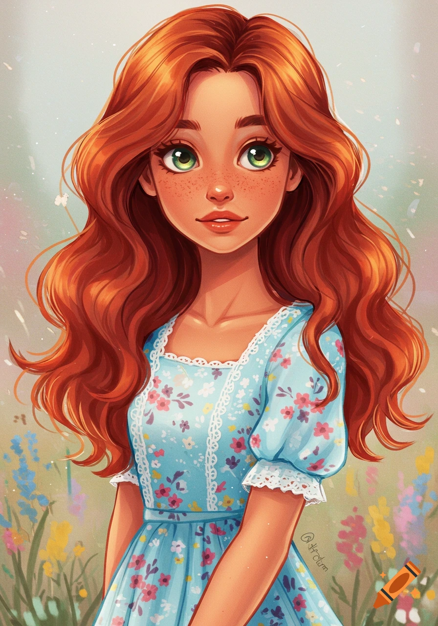An illustration of a red-haired girl with green eyes and freckles wearing a blue floral dress in a field of flowers.