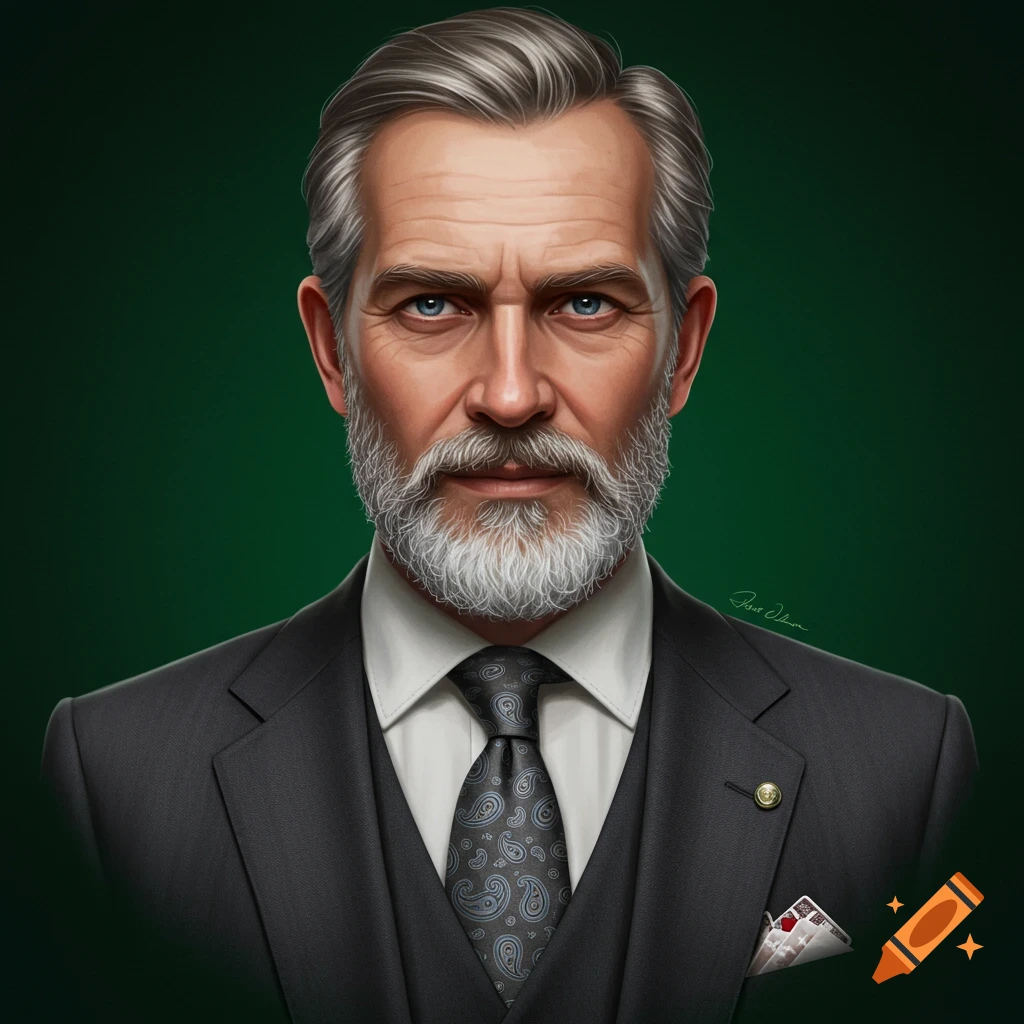 Bust portrait of an older man with grey hair and beard, wearing a dark suit, white shirt, and paisley tie, against a green background.