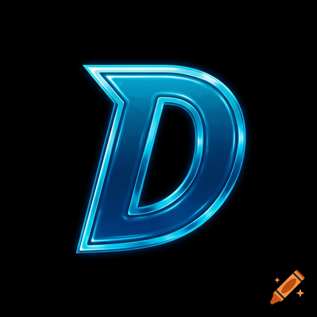 A stylized blue capital letter D with a glowing outline on a black background.