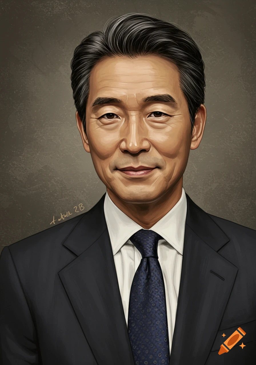 Digital painting portrait of a smiling middle-aged East Asian man with grey hair, wearing a suit and tie.