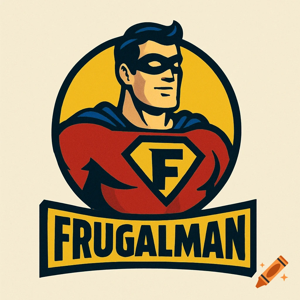 A comic book style logo of Frugalman, a superhero with a red costume, blue cape, and an 'F' on his chest.