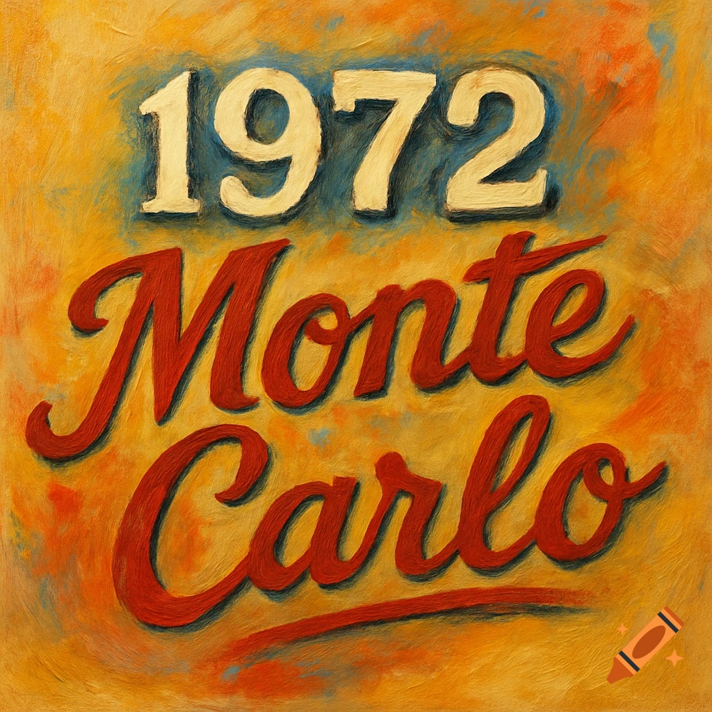Painted vintage-style text '1972 Monte Carlo' in red and white on an orange and blue textured background.