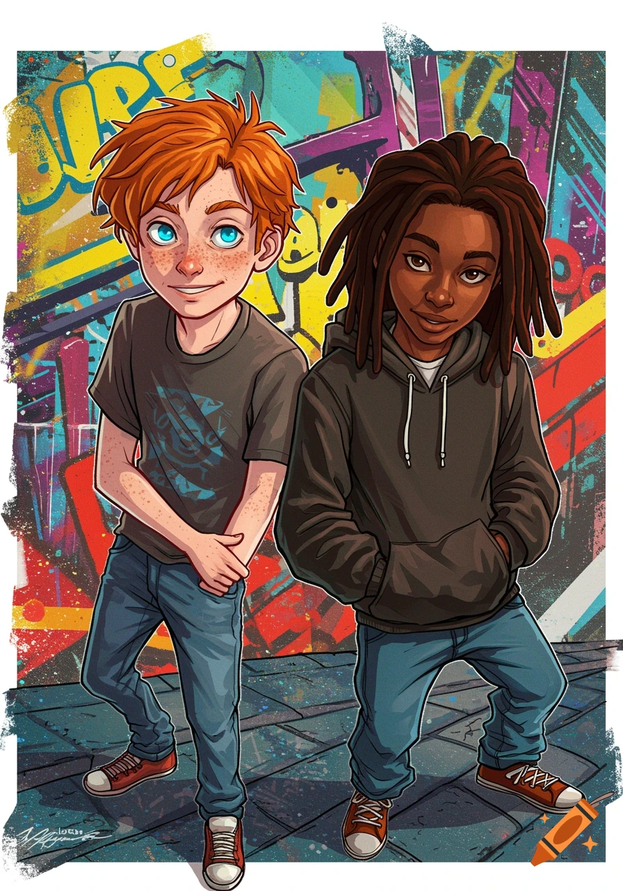 Two cartoon boys, one with red hair and freckles, the other with dreadlocks, standing in front of a vibrant graffiti wall.