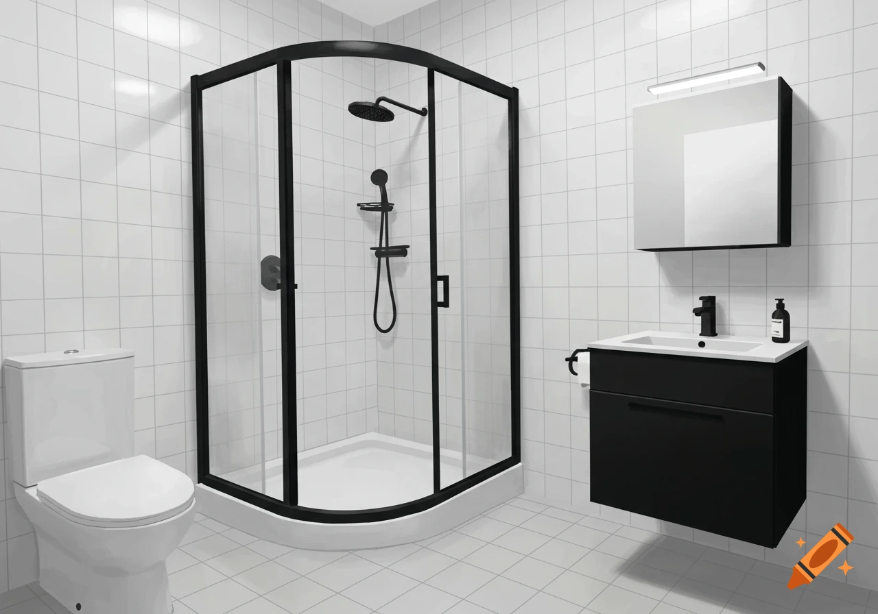 A modern bathroom with white subway tiles, a black-framed curved shower, a black floating vanity with a white sink, and a toilet.