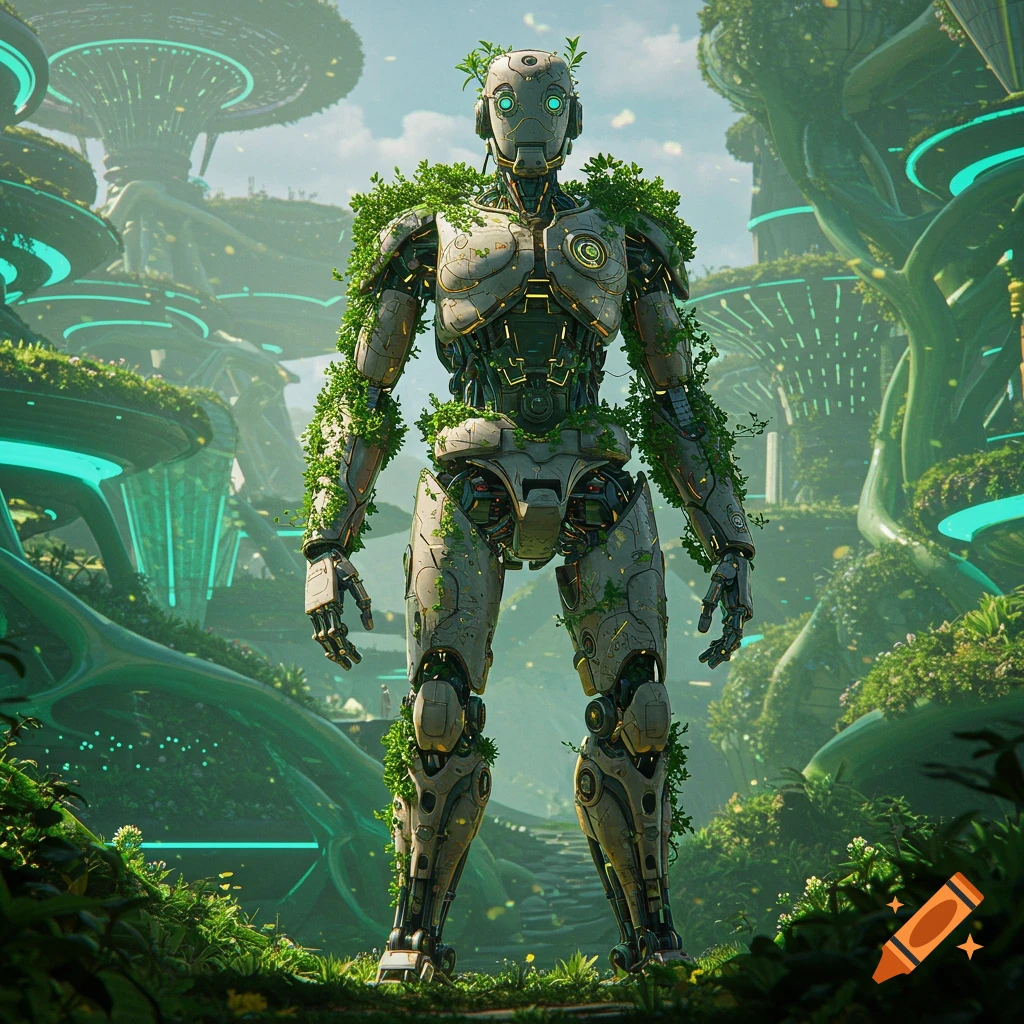 A large humanoid robot covered in green foliage stands in a lush, futuristic city with glowing structures and overgrown plants.