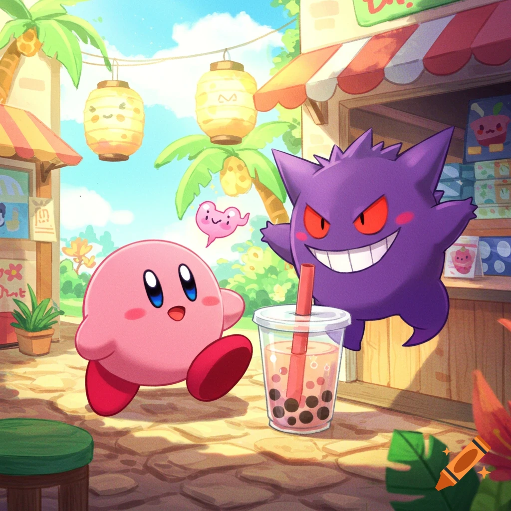 Kirby and Gengar are on a vibrant street with shops and palm trees, with a large boba drink between them. A small pink ghost floats nearby. The style is bright and cartoony.