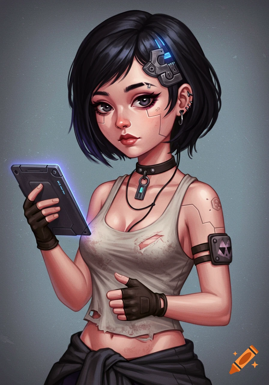 A cute anime-style woman with short black hair and a cranial implant holds a datapad, wearing a torn tank top and gloves.