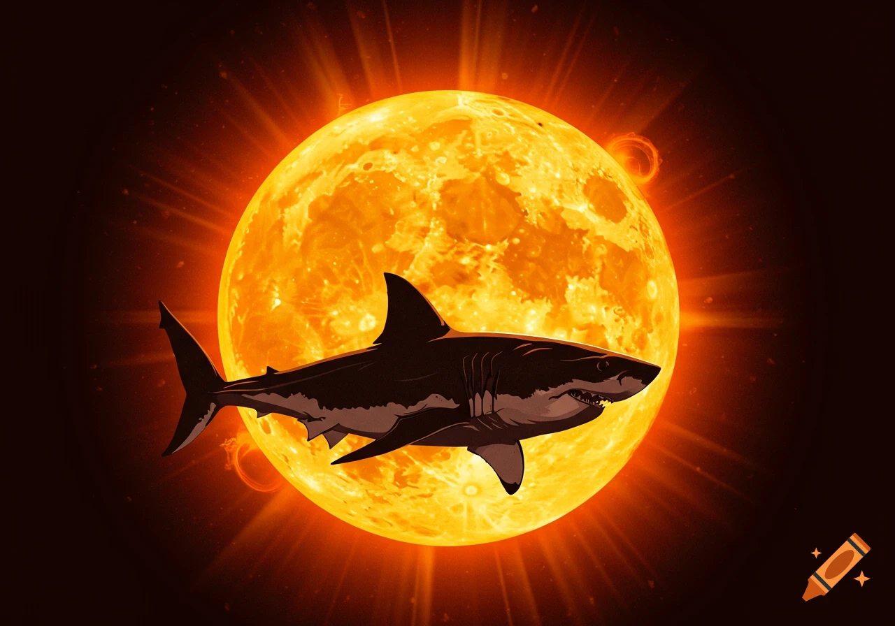 An illustration of a dark shark swimming in front of a bright, glowing orange sun against a dark background.