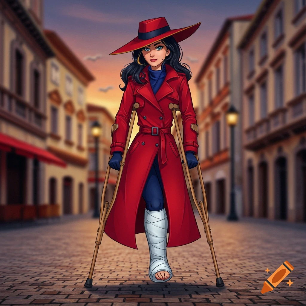 Cartoon illustration of Carmen Sandiego in a red coat and hat, standing on a cobblestone street with a cast on her leg and crutches.