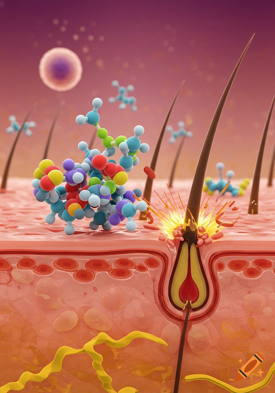 3D scientific illustration of an animated molecule attacking a hair follicle in human skin, showing layers and blood vessels.