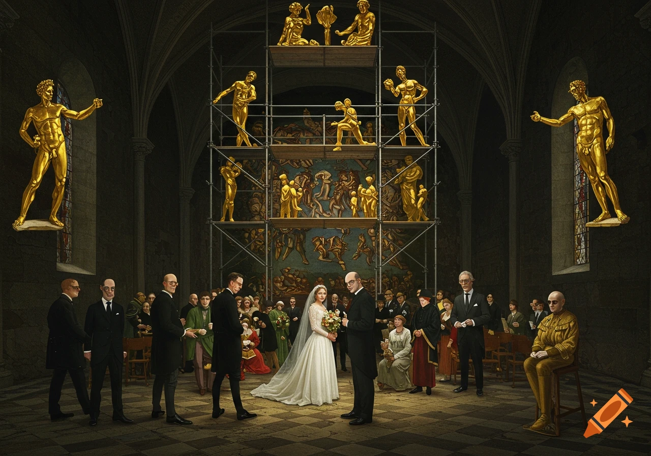 A wedding ceremony takes place in a grand, dark, medieval-style church, with a large scaffolding structure holding golden Michelangelo-style sculptures behind the couple. Attendees are dressed in modern office clothing.