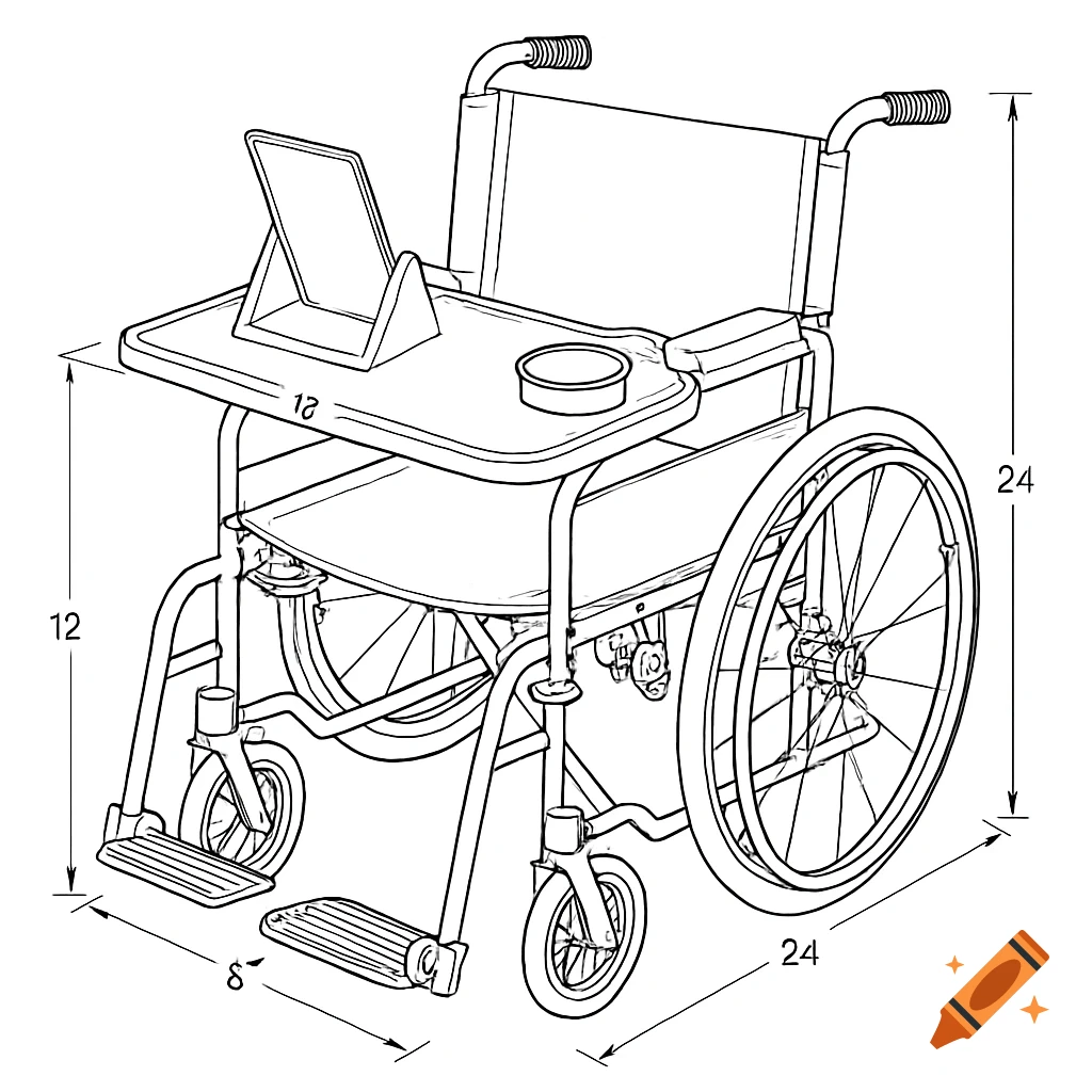 A black and white technical line drawing of a wheelchair with a custom plastic tray, cup holder, and tablet holder, showing dimensions.