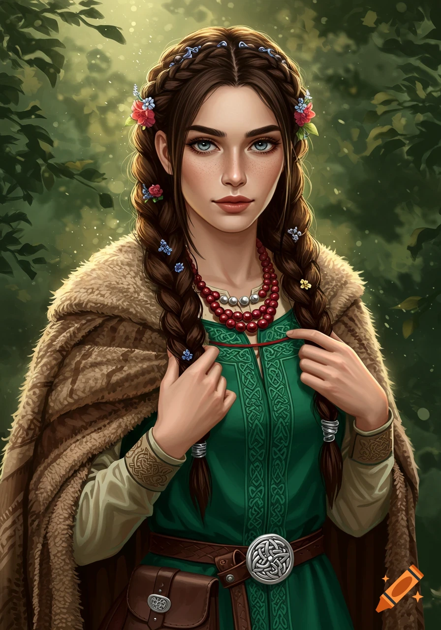 A beautiful brunette woman with braided hair adorned with flowers and beads, wearing a green Celtic dress and a fur cloak in a forest.