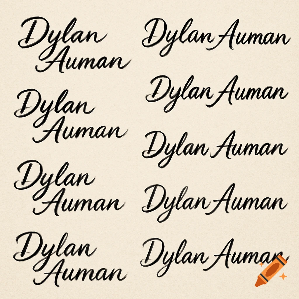 The name Dylan Auman in eight different cursive script variations on a light background.