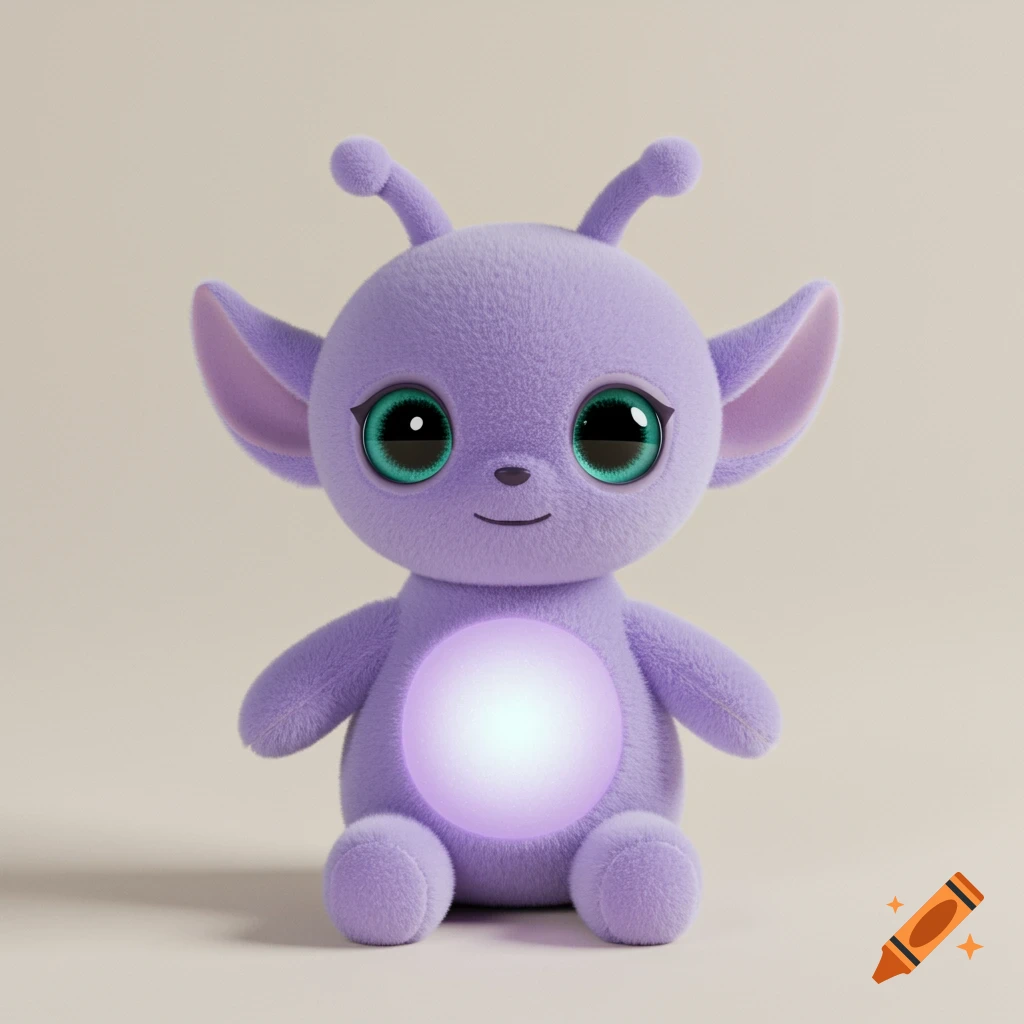 A cute lavender alien plush toy with large teal eyes and a glowing chest sits against a soft cream background.