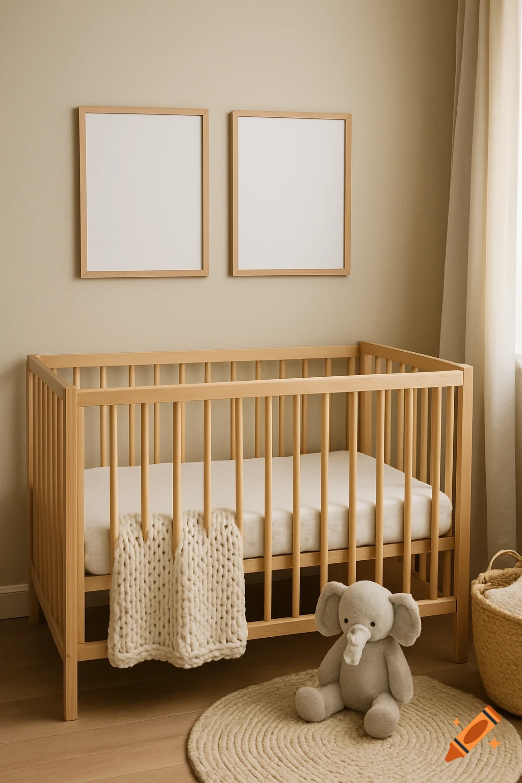 A cozy baby room featuring a wooden crib with a blanket, two empty frames on the wall, a stuffed elephant, and a round rug on a wooden floor.