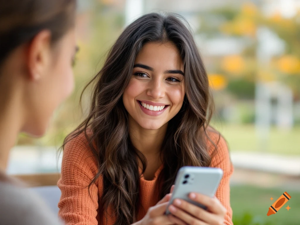 A smiling young woman in an orange sweater looks at someone while holding a smartphone.