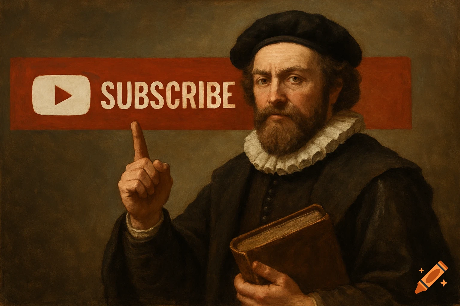 A painted portrait of a bearded man in historical attire, wearing a ruffled collar and black cap, pointing at a red YouTube 'SUBSCRIBE' banner while holding a book.