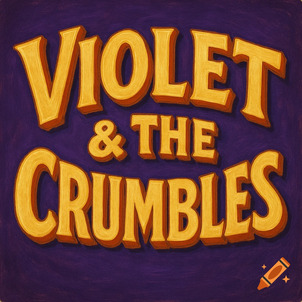 Bold yellow stylized text "Violet & The Crumbles" with a subtle shadow effect on a textured deep purple background.
