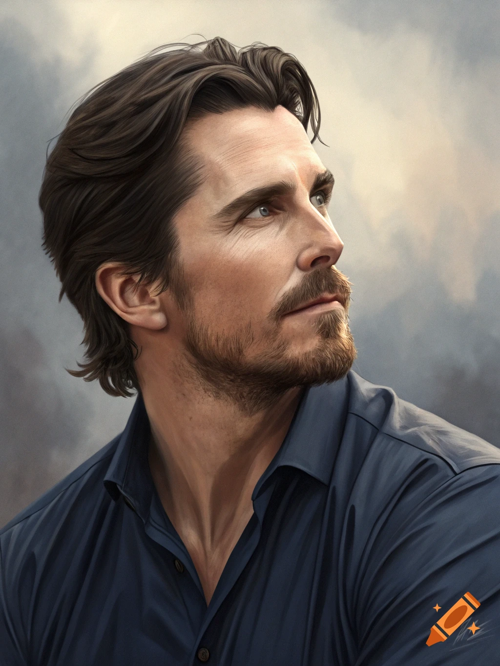 A photorealistic portrait of a man with dark hair and a beard, resembling Christian Bale, wearing a navy shirt and looking upwards.