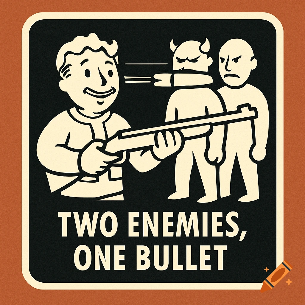 A retro-futuristic illustration in Fallout style shows a smiling man shooting a rifle, with a bullet passing through a horned creature and hitting another man. Text reads 'TWO ENEMIES, ONE BULLET'.