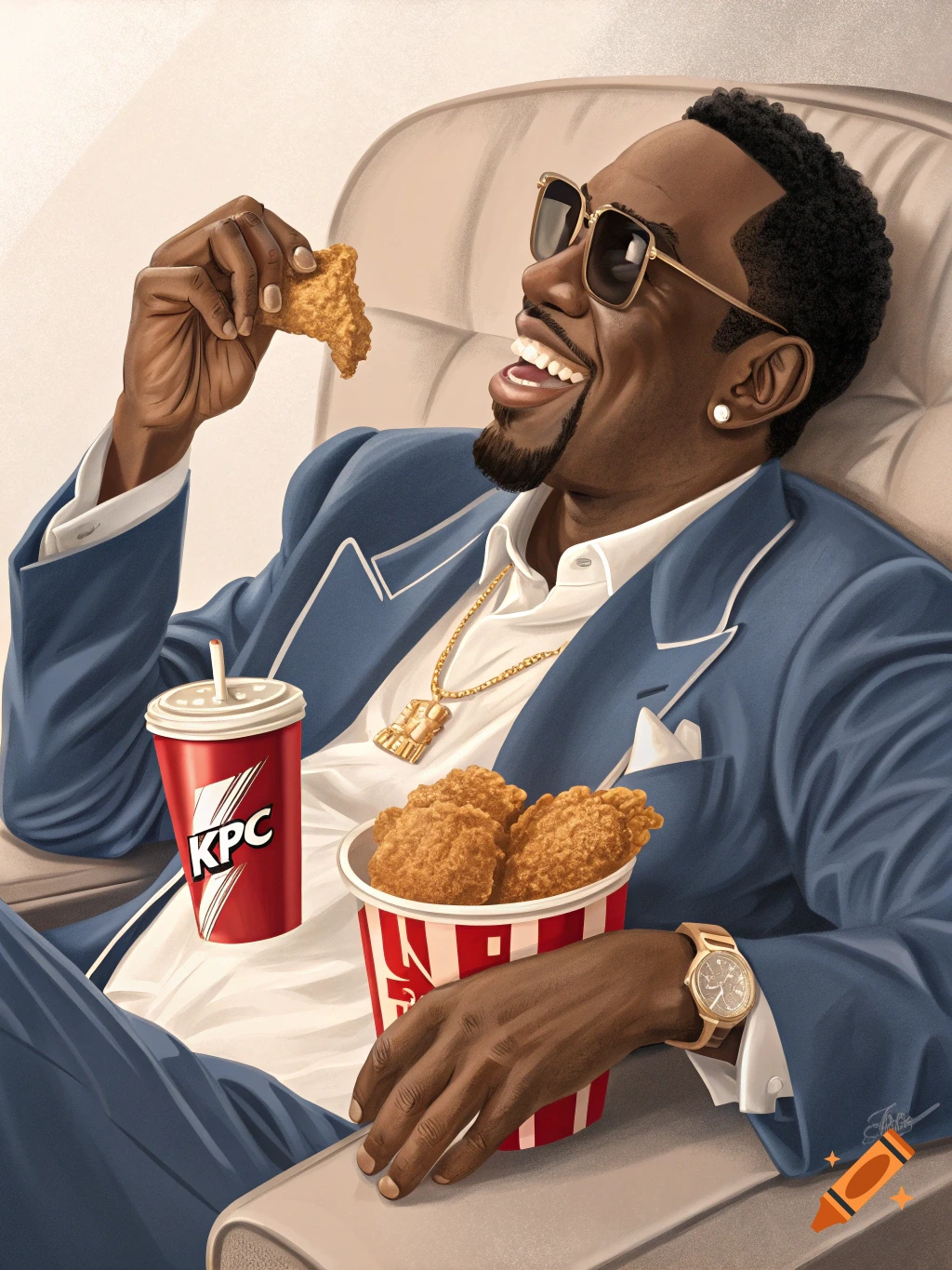 An illustration of Diddy laughing while holding a piece of fried chicken and a KPC soda cup, next to a bucket of fried chicken.