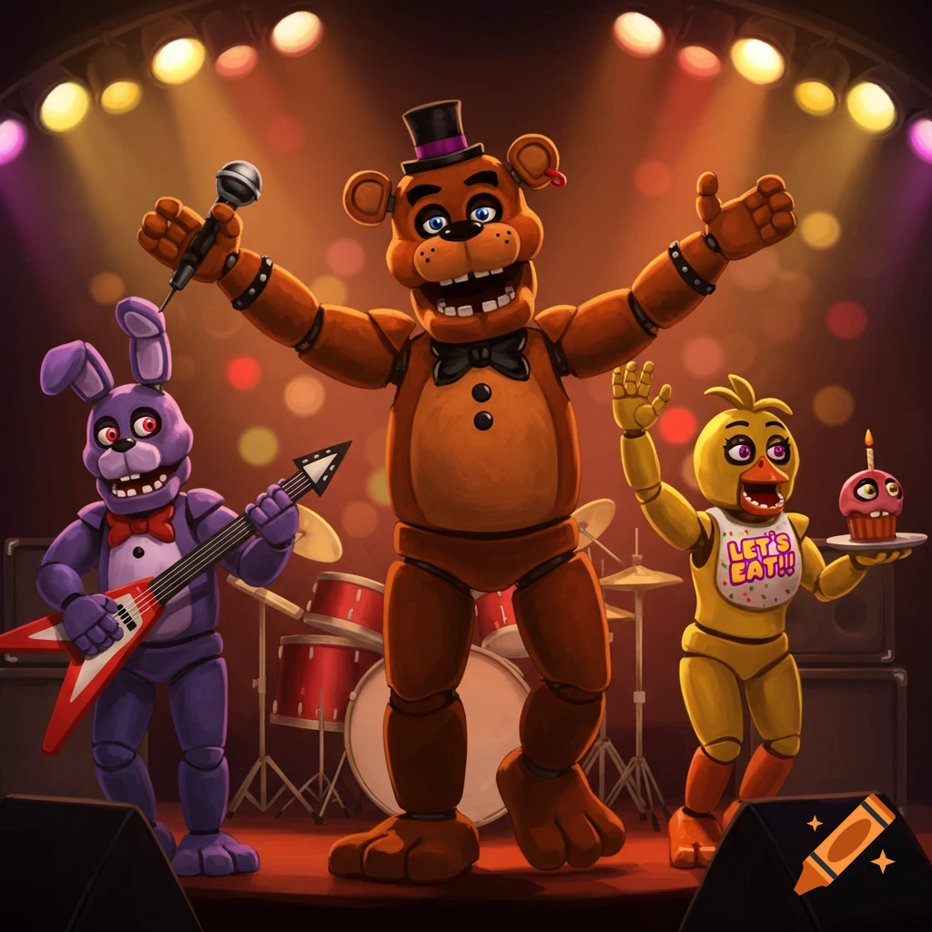 Freddy Fazbear, Bonnie, and Chica from Five Nights at Freddy's performing on stage with musical instruments and spotlights.