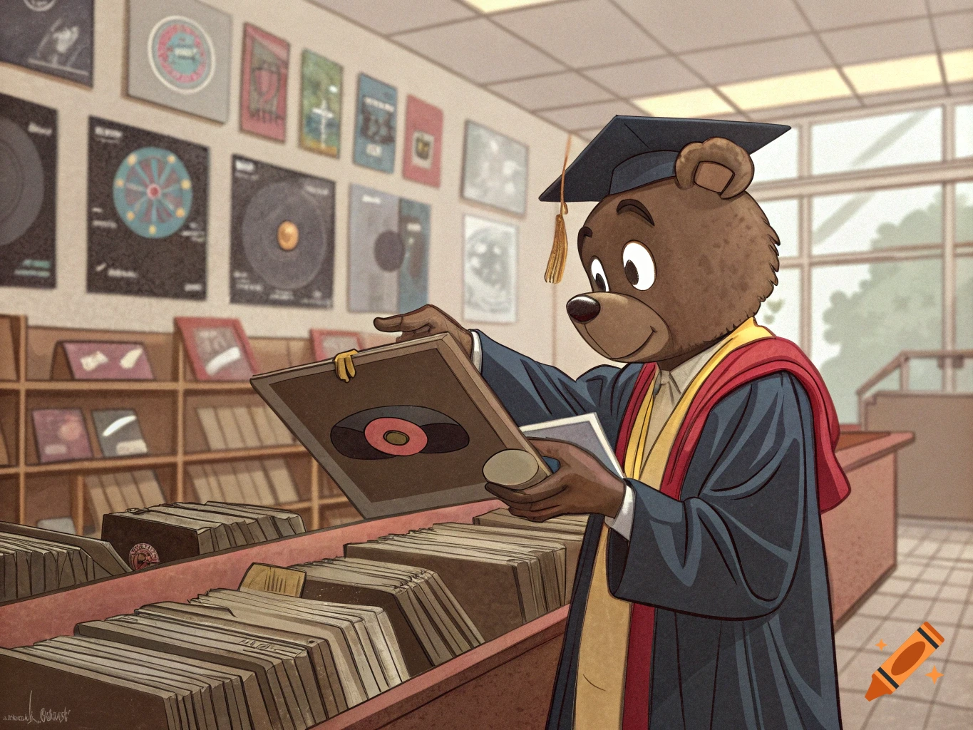 A cartoon bear in a graduation gown looks at a vinyl record in a record store.